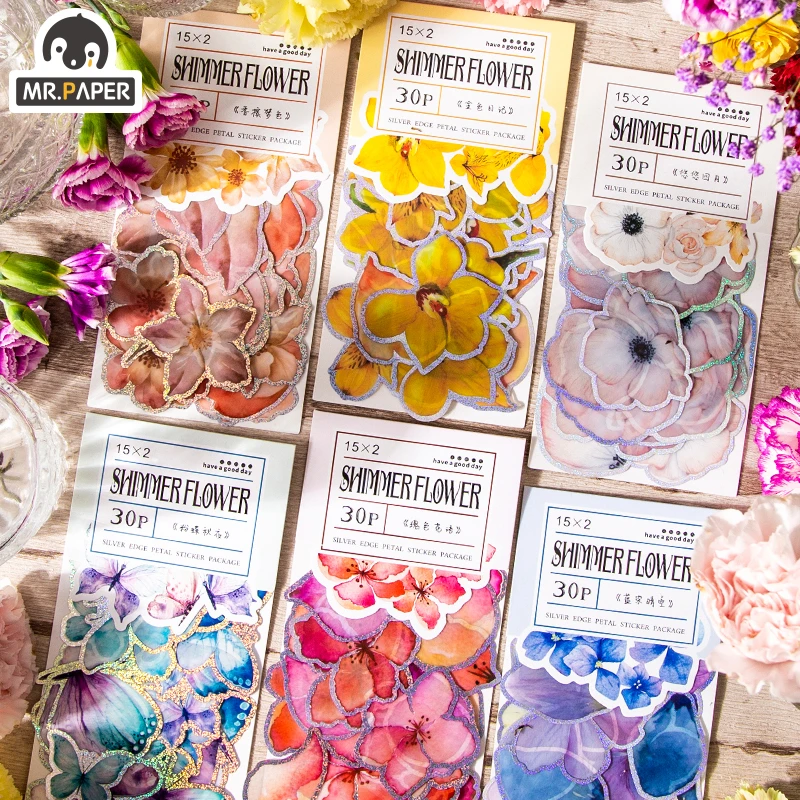 Mr.paper Ins Style PET Hot Stamping Laser Sparkling Flower Workshop Petal Sticker Pack Creative Manual DIY Decorative Sticker