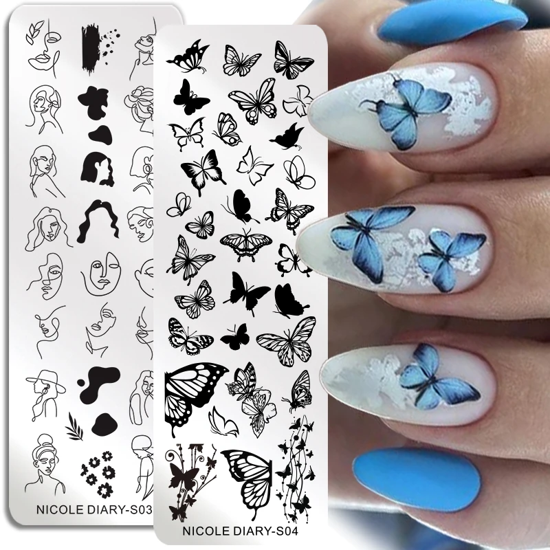 NICOLE DIARY Butterfly Nail Stamping Plates Abstract People Face Image Stamp Templates French Nail Flower Lines Transfer Stencil