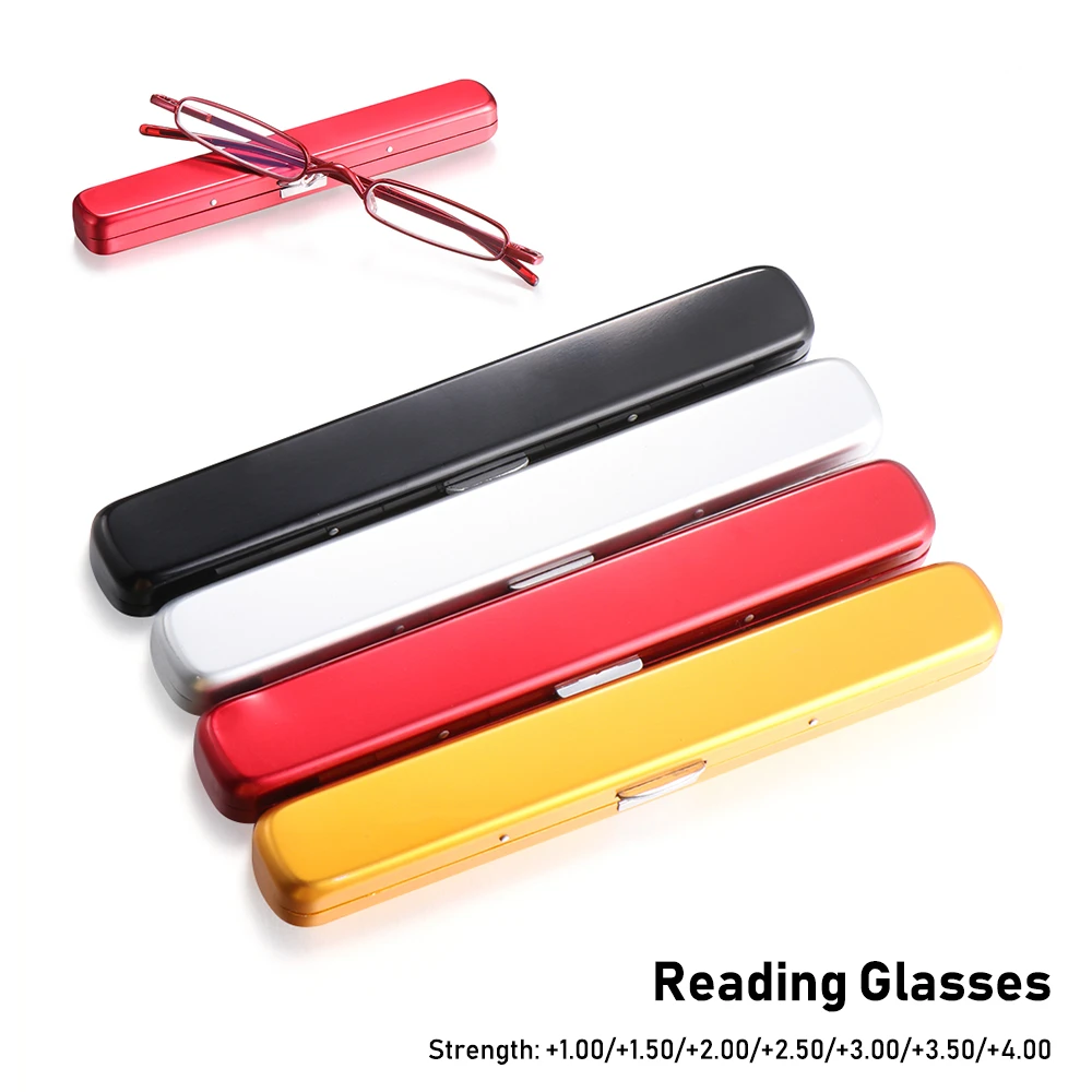 Unisex Mini Portable Readers Eyeglasses Slim Anti-blue Light Metal Frame Reading Glasses with Pen Clip Case Strength1.0~4.0