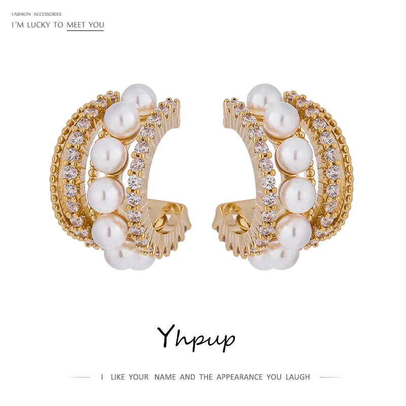 Yhpup Stylish Imitation Pearls Geometric Stud Earrings Exquisite High Quality Cubic Zirconia Earrings Jewelry for Women 2021