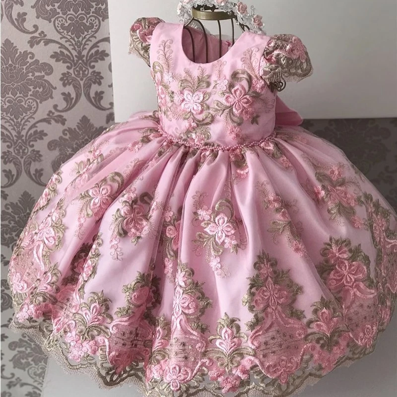 Baby Girls Dress For Kids 1 2 Years Birthday Bow Dress Lace Embroiery Tutu Vestidos Wedding Christening Gown Toddler Girls Dress