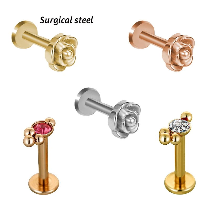 2Pcs Surgical steel 16G Cartilage Tragus Helix Daith Ear Piercing Earring women Cluster Flower Internally Thread Labret Lip Ring