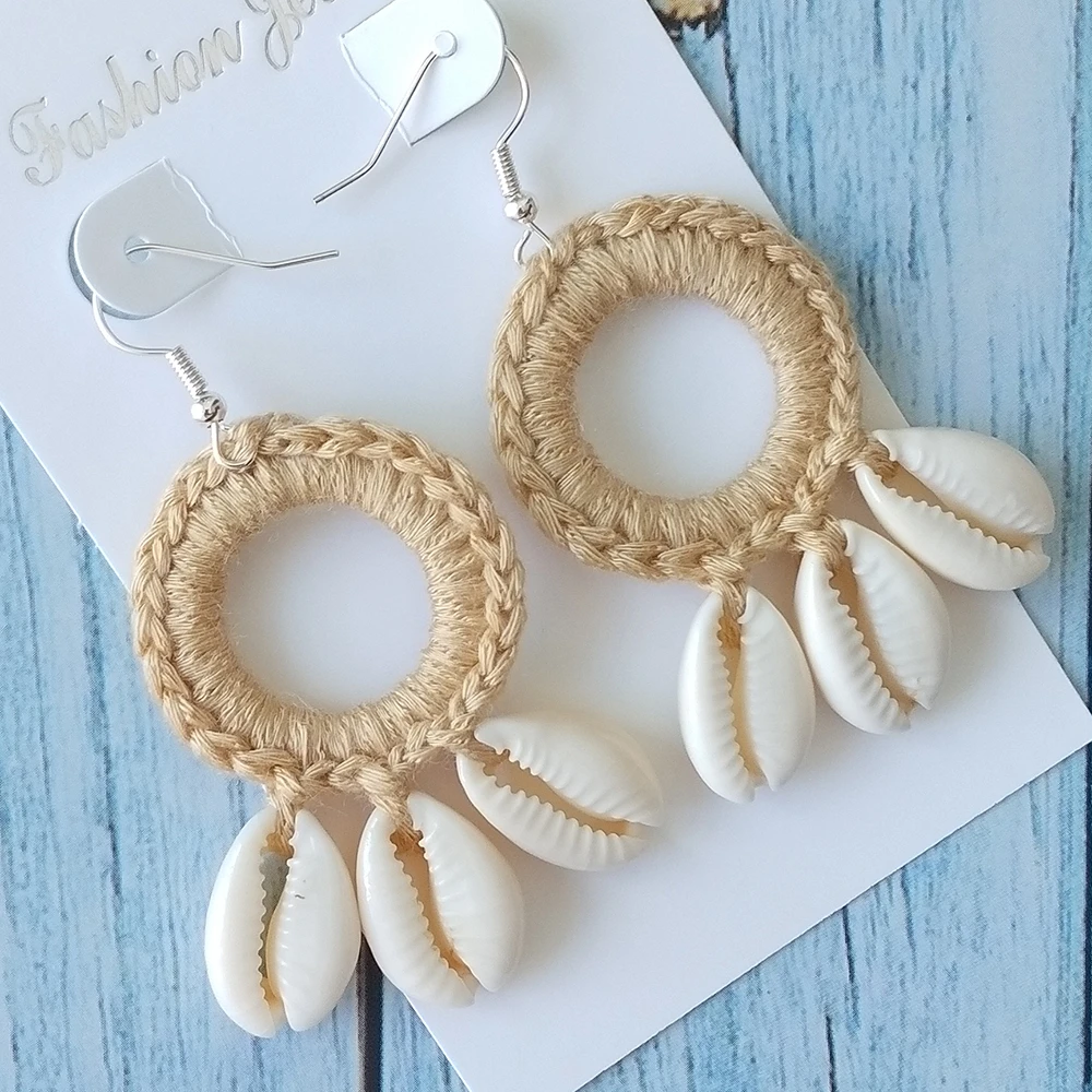 Buy 2 Get 20% Off Original New Fashion Boho Beach Shell Crochet Earrings Large Circle Shell Tassel Dangle Drop Earring For Women