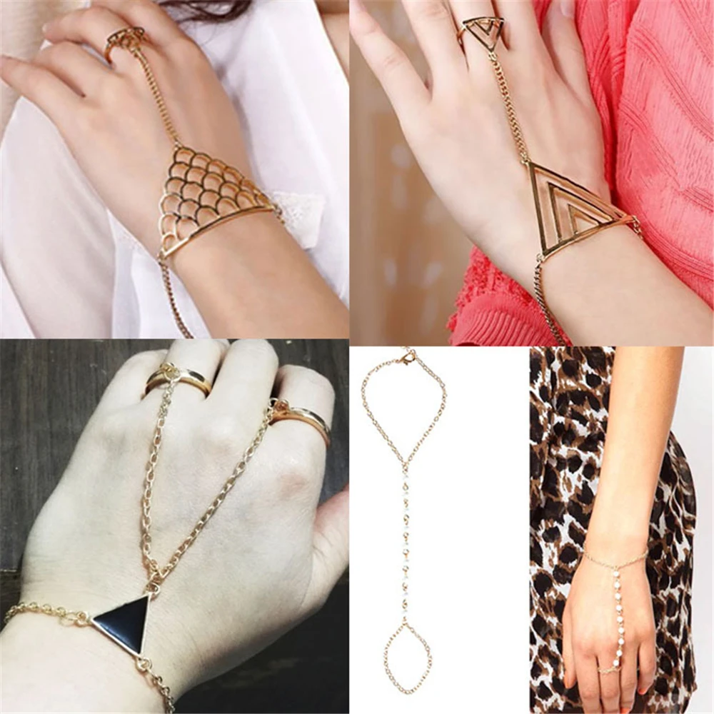 Punk Finger Bracelet Triangle Conjoined Bracelet Wrist Chain Jewelry Hand Back Chain Bangles Female Arm Link Ornaments