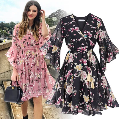 Chiffon High Elastic Waist Party Dress Bow A-line Women Butterfly Sleeve Flower Print Floral Boho Dress Female Vestido Plus Size