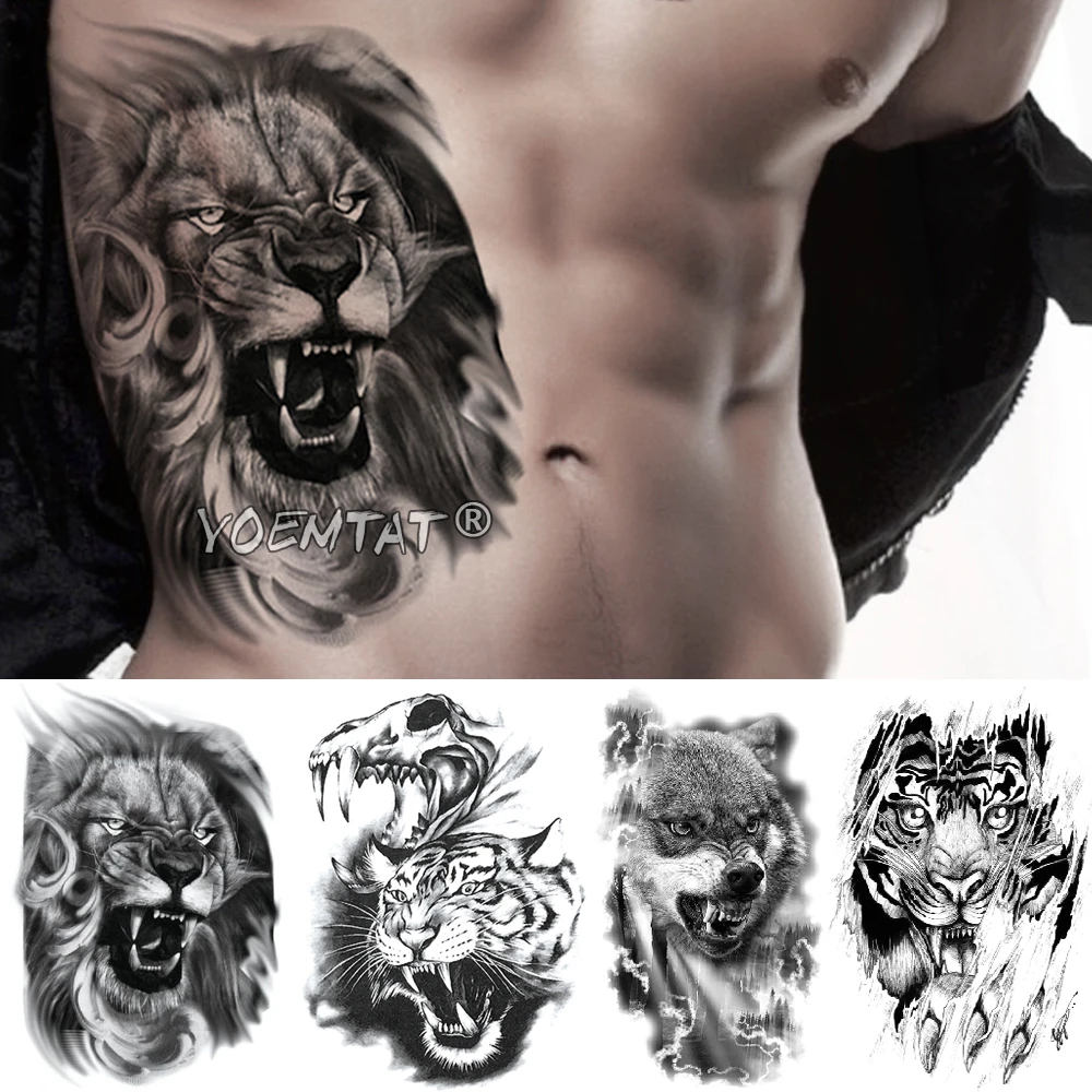 Lion Skull Tiger Temporary Tattoo Sticker Lion Wolf Waterproof Tatto Warrior Soldier Body Art Arm Fake Tatoo Men Women