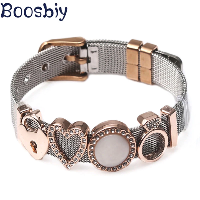 Boosbiy Fashion Stainless Steel Mesh Brand Bracelet  DIY Crystal Heart & Lock Charms Bracelet & Bangle for Women Jewelry Gift