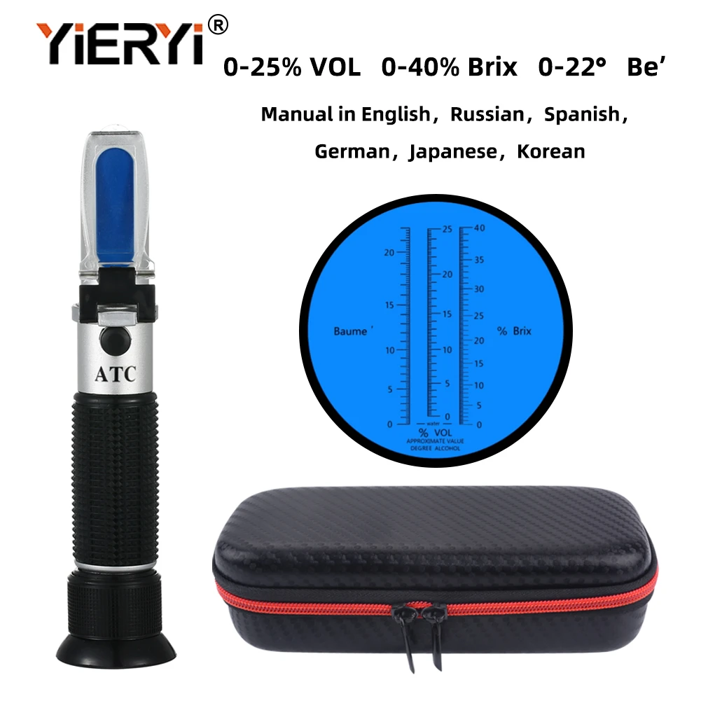 yieryi 3 in 1 Hand Held Grape & Alcohol Wine Refractometer (Brix, Baume and W25V/V Scales) with black bag