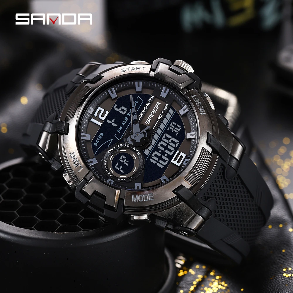 SANDA Top Brand Dual Display Wrist Watch Men Watches Sports Watch For Men Clock Military Wristwatch Outdoor 5ATM Waterproof Hour