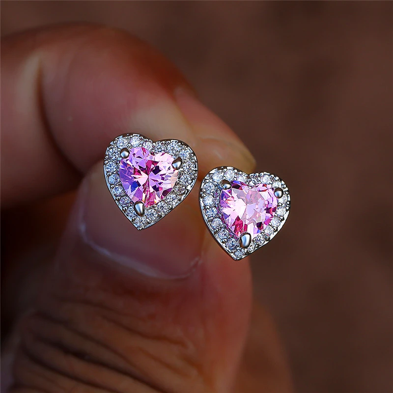 Dainty Female Rainbow Crystal Stone Earring Charm Silver Color Small Stud Earring Cute Heart Zircon Wedding Earrings For Women