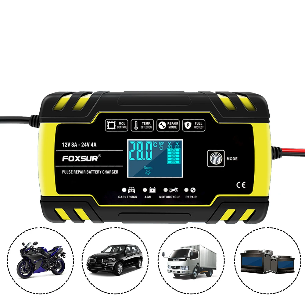 FOXSUR 12V 24V 8A Pulse Repair Charger with LCD Display for AGM GEL WET Lead Acid  Motorcycle Automatic Car Battery Charger