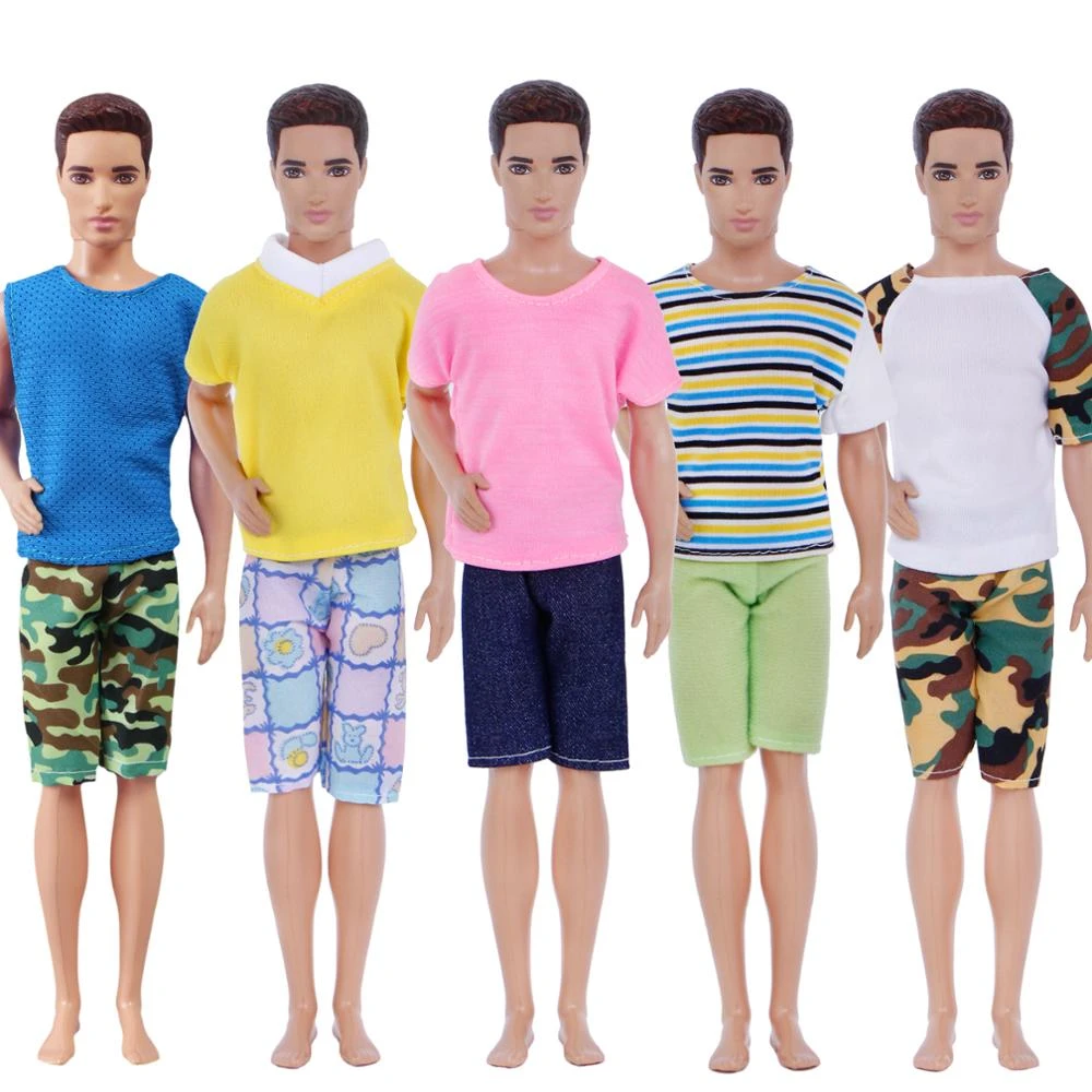 5 Pcs Men Outfits Mixed Style Stripe Camouflage T-Shirt Vest Plaid Shorts Pants Clothes for Barbie Doll for Ken Doll Accessories