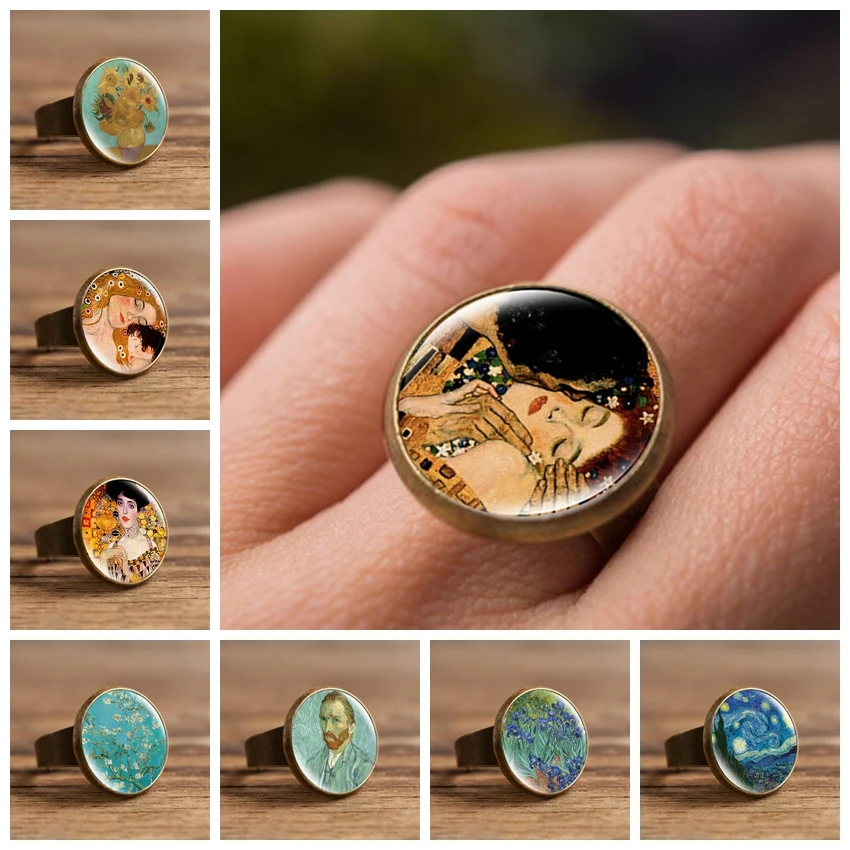 Fashion The Kiss Klimt Starry Night Dome Glass Art Picture Ring Photo Handcrafted Jewelry Adjustable Size Rings Gifts for Girls