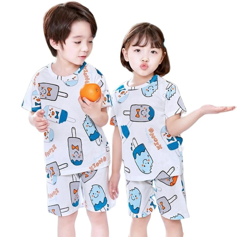 Summer breathable mesh clothes for baby girls boys shirt+shorts 2pcs/set pajamas homewear sets children cartoon nightwear suit