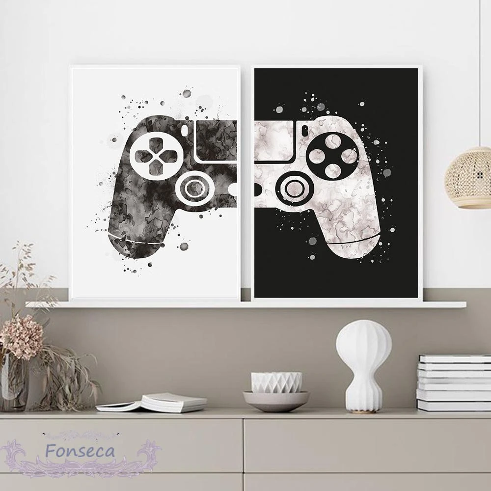 Black and White Watercolor Gamepad Canvas Painting Boys Game Illustration Poster Wall Art Picture for Gamer Kids Home Decor