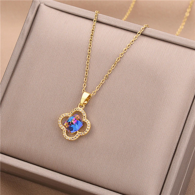 Korean Style Blue Crystal Four Leaf Flower Pendant Women Necklace Ladies Elegant Gold Color Stainless Steel Chokers Necklaces