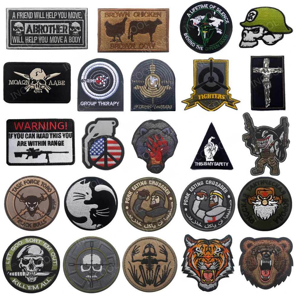 Tactical Skull Embroidered Patches Soldier Wolf Tiger Bear Pig Shark Frog Cat Cow Dragon Sniper Military Embroidery Patch Badges
