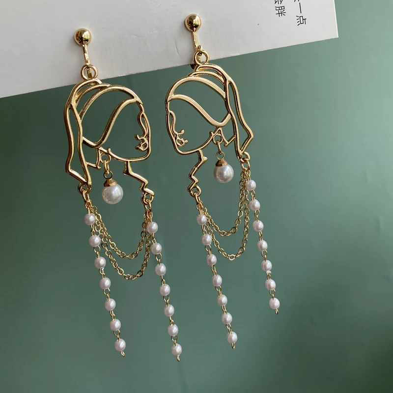 XIALUOKE S925 Needle Pearl Long Tassel Abstract Lines Girl Portrait Earrings Hyperbole Personality Dangle Earrings Women Jewelry