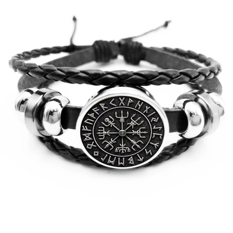 initial / New Hot Sale Vegvisir Viking Compass Snap Button Bracelet Jewelry Glass Cabochon Black Bracelet Jewelry