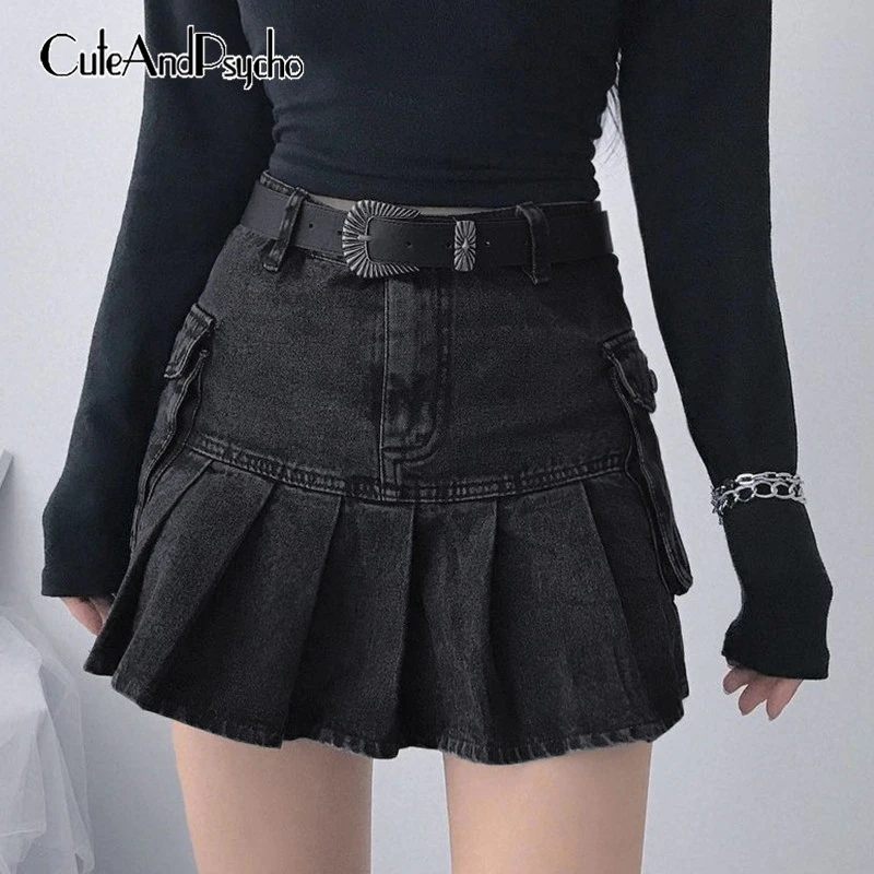 Vintage Pleated Denim Skirts Women Dark Academia Fashion Skirts Goth Black High Waist Skirt 90s Korean Pockets Cuteandpscho