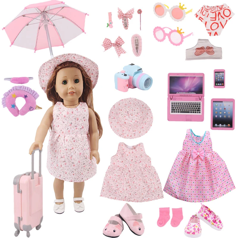 All Pink Dress,Suitcase For 18Inch American Elegant Doll 43cm Baby Doll Clothes ,Travel Suit,Girls Toys,Generation,Birthday Gift