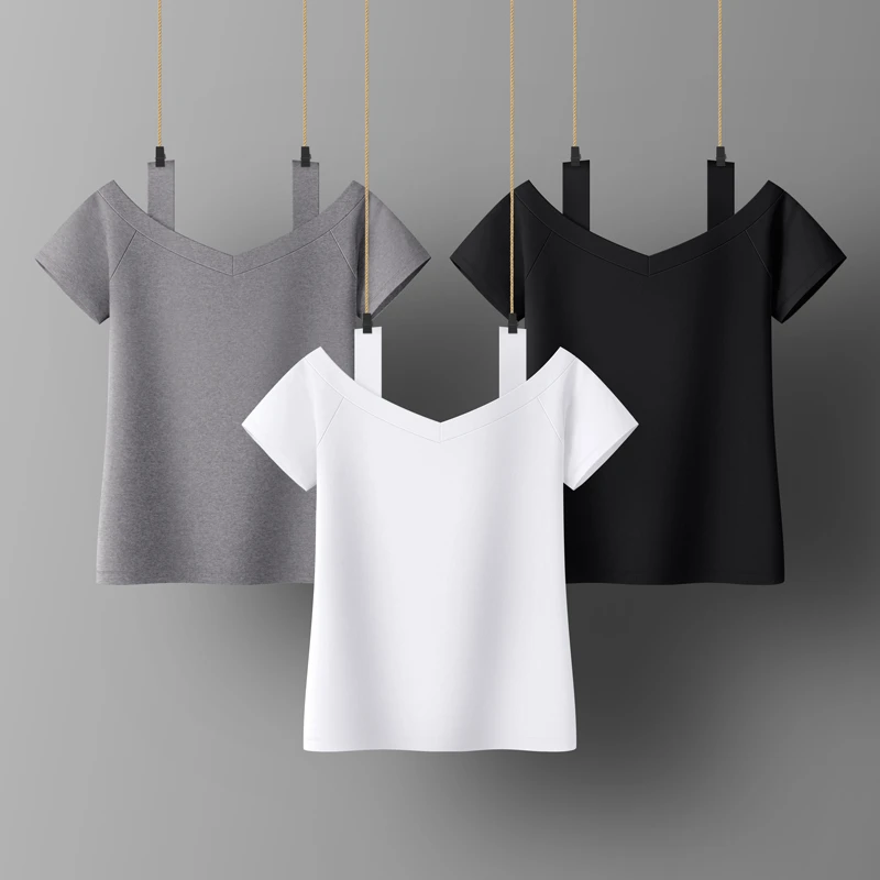 Cotton Women T-shirt Square collar Short Sleeve women shirt All match Lady Top Black White Gray Yellow Shir