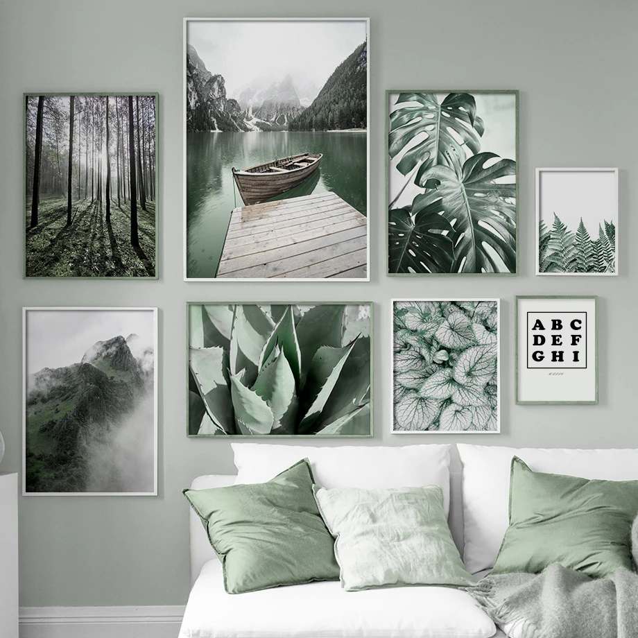 Green Plant Monstera Forest Lake Mountain Wall Art Canvas Painting Nordic Posters And Prints Wall Pictures For Living Room Decor