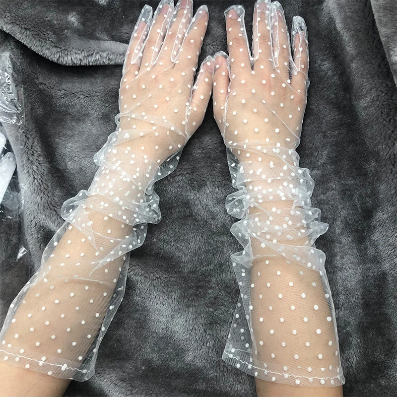 Fashion Dot Lace Long Gloves Female Elegant Stretch Tulle Mesh Semi Sheer Women Full Finger Mittens Bride Wedding Black Golves