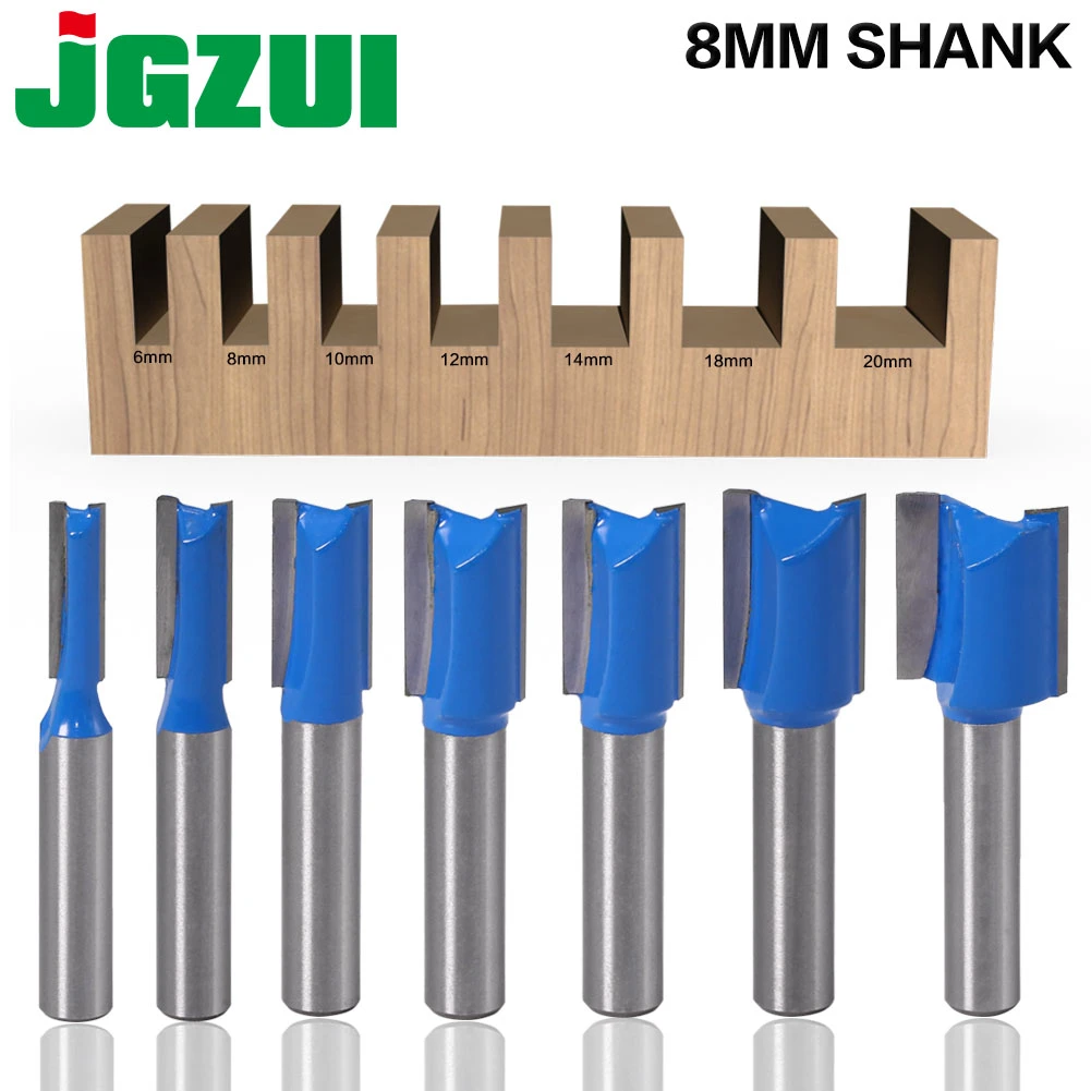 7PCS 8mm Shank Straight Woodworking Router Bit Set Carpenter Milling Cutter 6/8/10/12/14/18/20mm Cutting Diameter