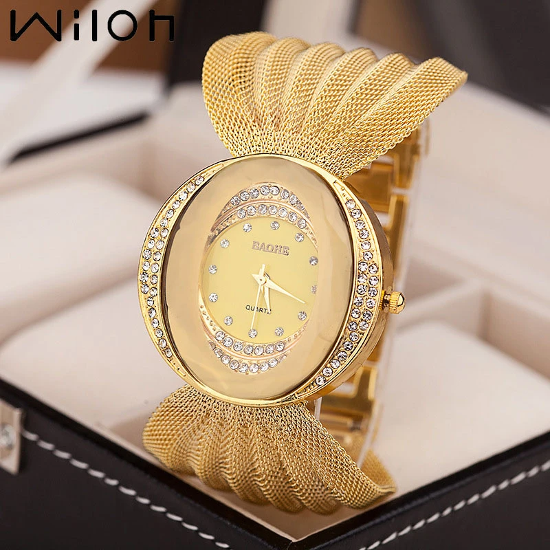 Mesh Band Women Watch Fashion Oval Gold Bracelet Alloy Quartz Watch Dress Rhinestone Women's Wristwatches Ladies Bracelet Clock