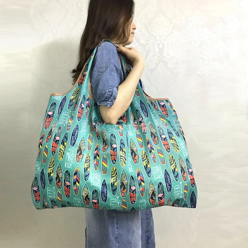 Green Foldable Polyester Handbag Women Florist Printed Shopping Shoulder Bag Tote Summer Waterproof Bag Approx 58X68Cm