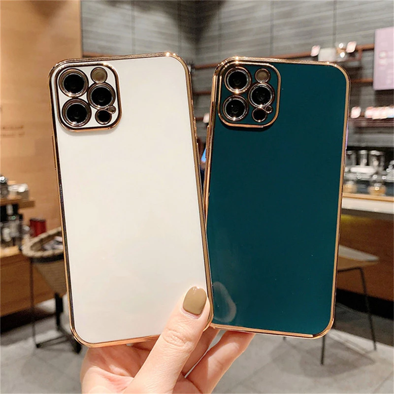 Ottwn Solid Plating Lens Protection Phone Case For iPhone 12 Pro Max 11 13 Pro Max X XR XS Max 7 8 6 Plus SE 2020 Soft TPU Cover