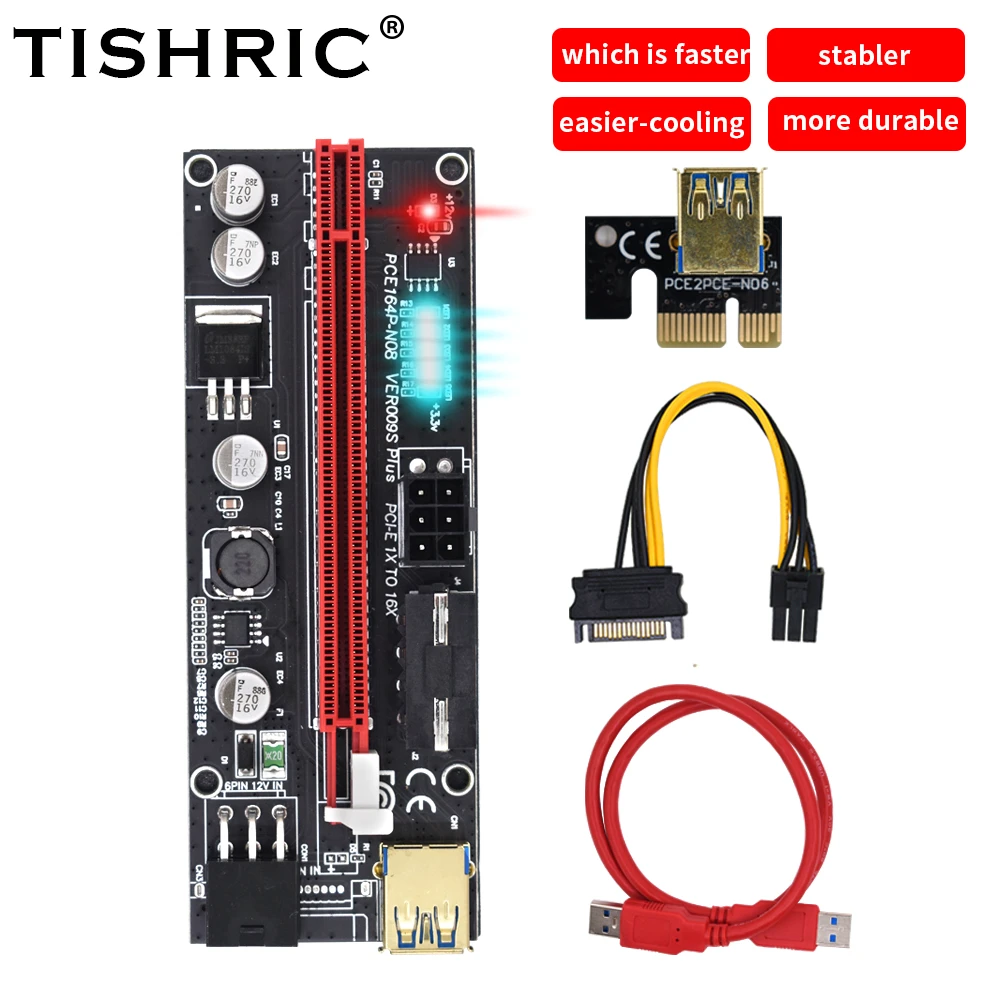 1-10PCS TISHRIC PCI-E Riser 009s Card PCIE PCI E Extender Mining Riser For Video Card USB 3.0 SATA to 6pin 3 IN 1 009 Riser Card