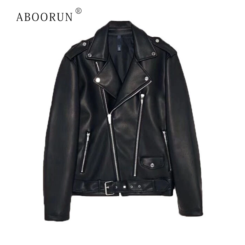 ABOORUN Men's Motorcycle Leather Jackets Punk Zippers PU Leather Jackets Spring Autumn Leather Coat for Male