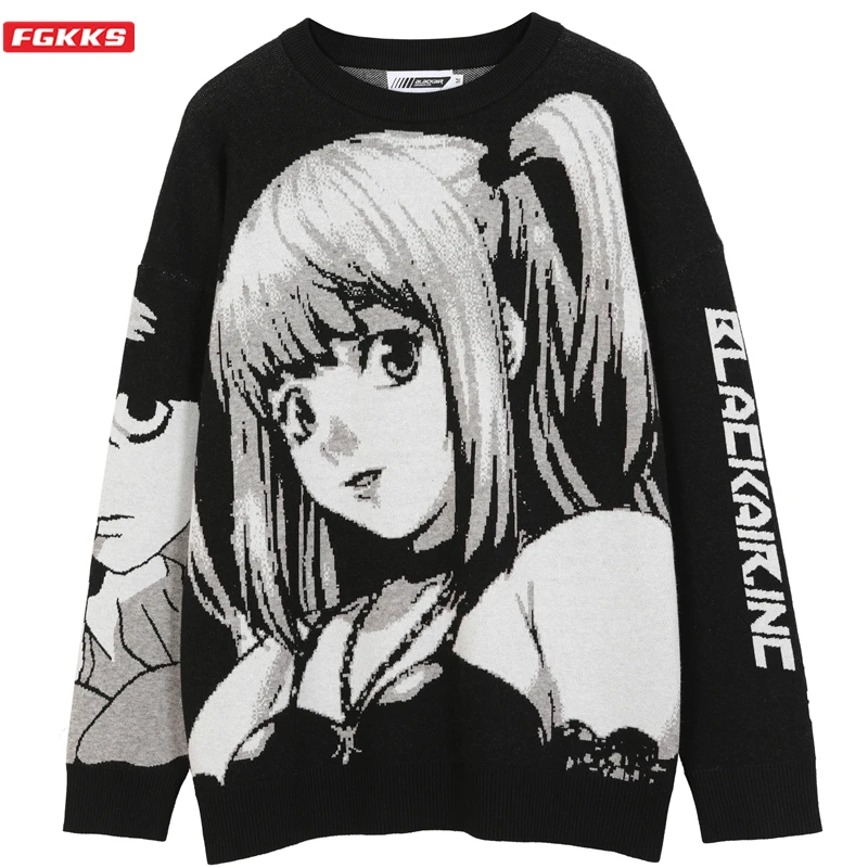 FGKKS Mens Hip Hop Streetwear Harajuku Sweater Vintage Japanese Style Anime Girl Knitted 2021 Cotton Pullover Sweaters Male