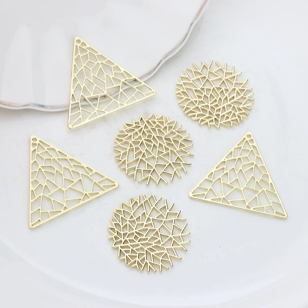 Zinc Alloy Golden Metal Hollow Geometric Triangle Round Charms 6pcs/lot For DIY Fashion Jewelry Making Accessories