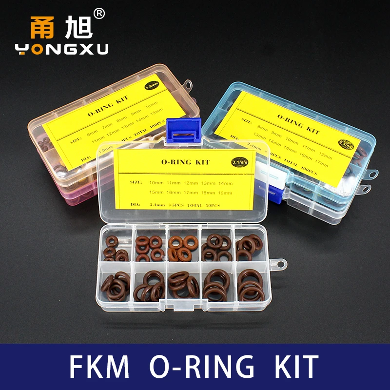 FKM O Ring Kit Assortment Thickness 1/1.5 / 1.9 / 2.4 / 3.1mm Fluororubber Gasket Sealing Ring Set