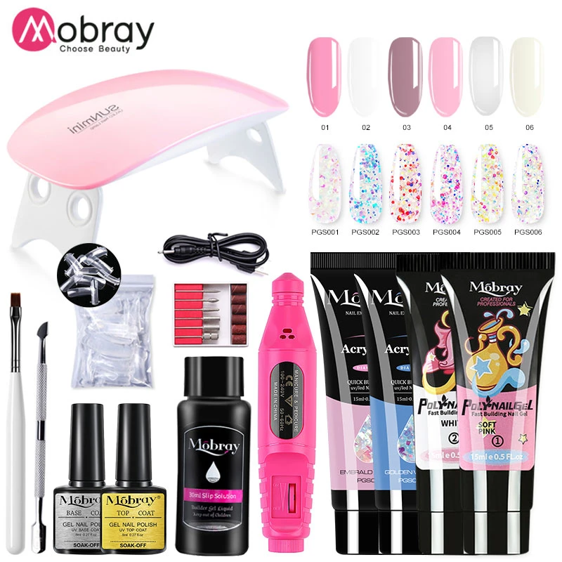 Mobray Manicure Set Poly Nail UV Gel Kit LED Lamp False Nail Extension Building Polygels Set Base Top Coat Acrylic Solution KIt