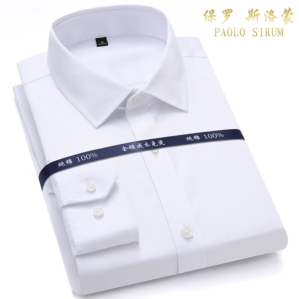 Top Quality Mens Formal Dress Shirts Long Sleeve White Pure Cotton Business Slim Fit Plus Size Office Non Iron