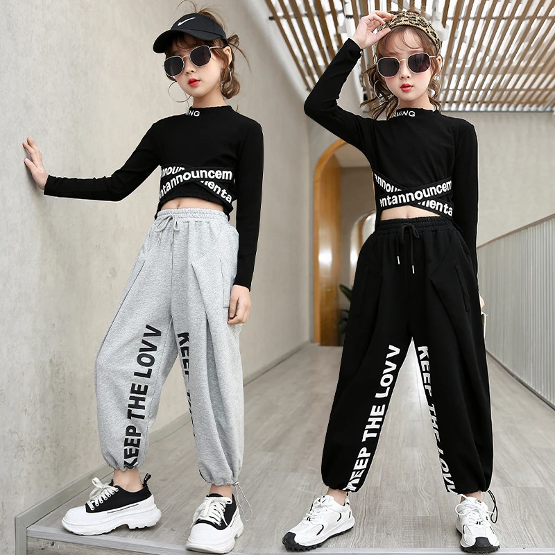 Children's Clothing Girls Jazz Tracksuit Spring Autumn Dance Costumes Kids Hip-Hop O-Neck Letter Long Sleeve Pure Cotton Suits