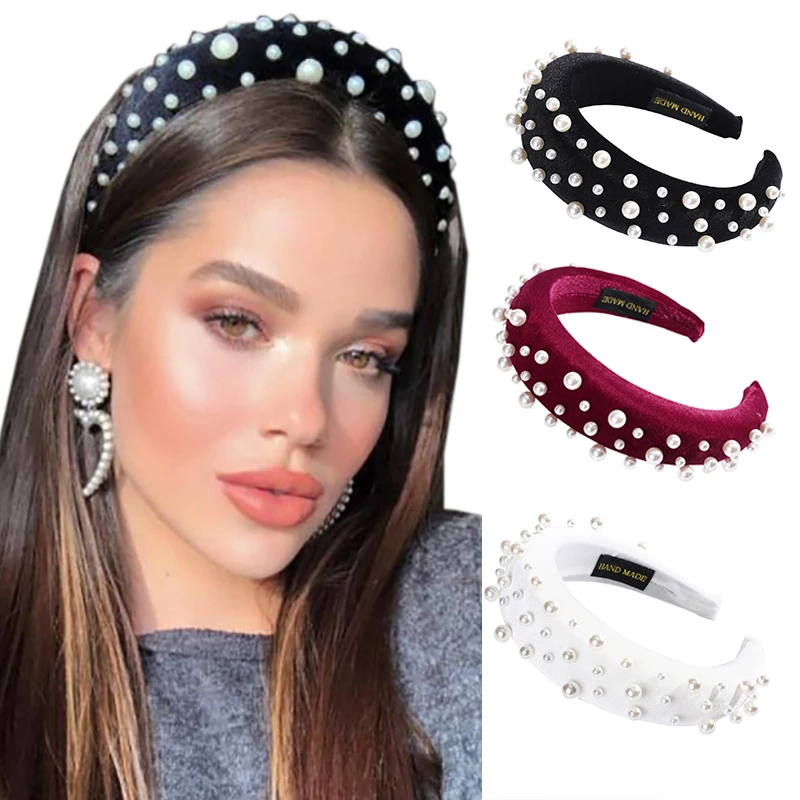 Haimeikang Pearls  Padded Hairband Headband for Women Elegant Hair Band Hoop Sponge Head Bands Winter Hair Accessories