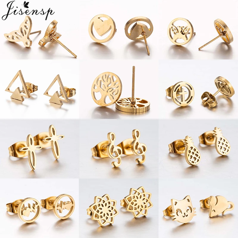 Jisensp Small Gold Stainless Steel Earrings Stud for Women Kids Everyday Jewelry Cartoon Butterfly Earing Cross Earings brincos