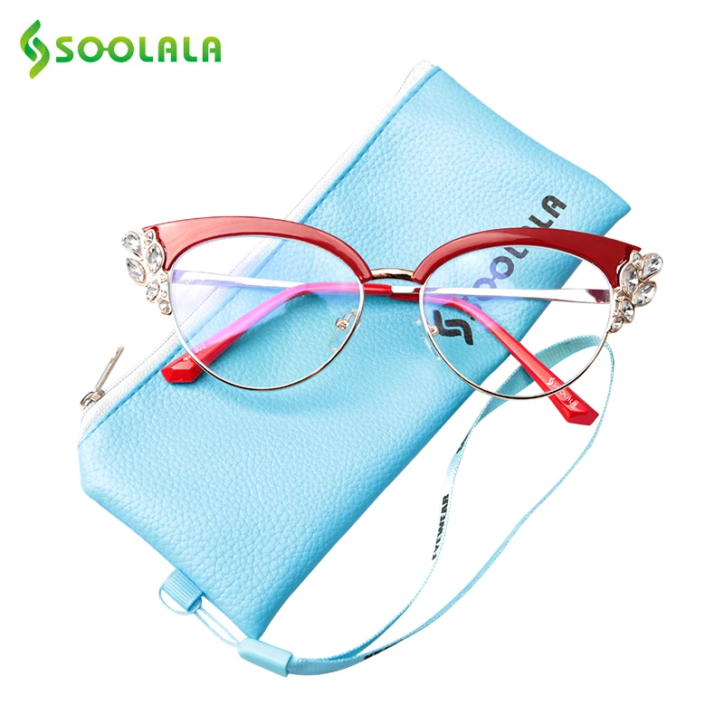 SOOLALA Anti Blue Light Rhinestones Cateye Reading Glasses Women Ladies Eyeglasses Presbyopia Reading Glasses +0.5 to 4.0