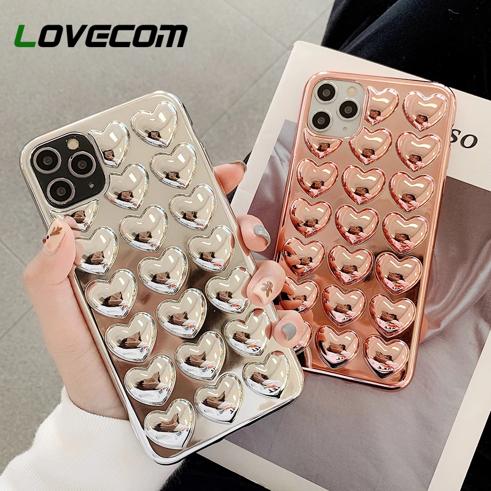 For iPhone 13 Pro Max Case Plated 3D Love Heart For iPhone 11 12 Pro Max XR X XS Max 7 8 Plus Case Soft Solid Color Back Cover