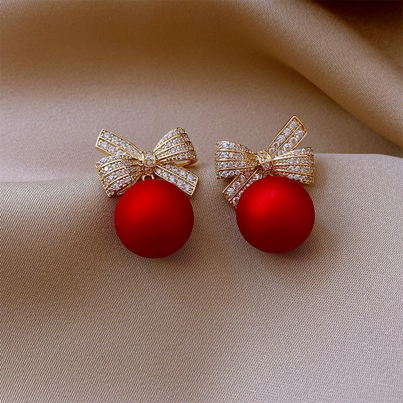 Fashion Crystal Bow Knot Stud Earrings For Women Pearl Cherry Flowers Rhinestone Red Earring Girls Party Christmas Jewelry Gifts