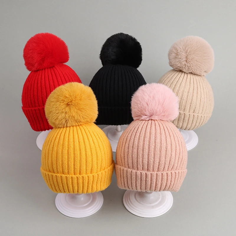 Pompom Kids Hat Autumn Winter Children Girl Boy Beanie Cap Solid Color Knitted Thick Warm Crochet Bonnet Hat Kids Accessories