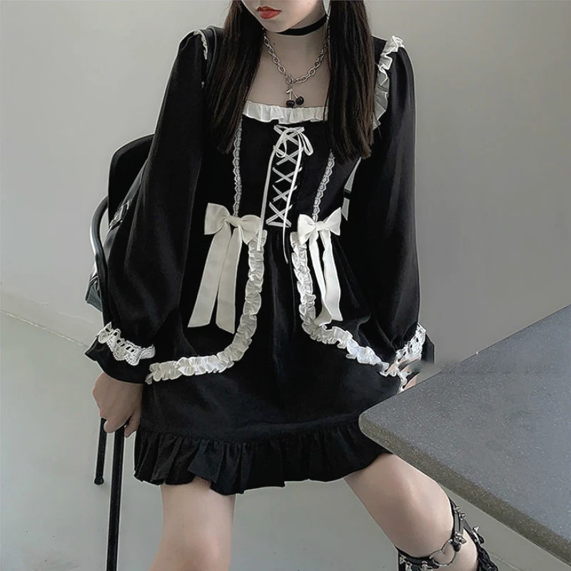 Japanese Lolita Gothic Dress Girl Patchwork Vintage Designer Mini Dress Japan Style Kawaii Clothes Fall Dresses for Women 2021