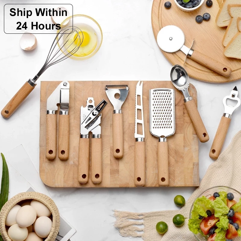 Kitchen Tool Wooden Handle Stainless Steel Multifunctional Kitchen Accessories Set Simple Modern Style Home Baking Supplies