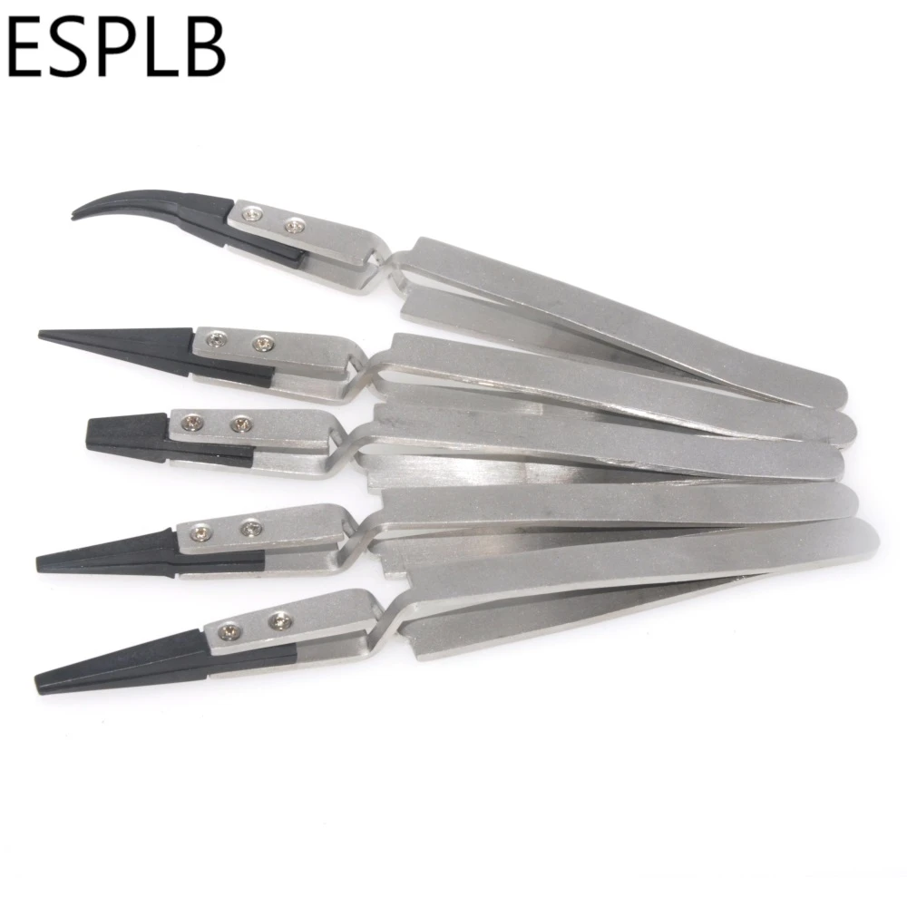 Flat/Straight/Curved Plastic Tip Reverse Tweezers Stainless Steel Handle Silver-Black Newest Tweezers