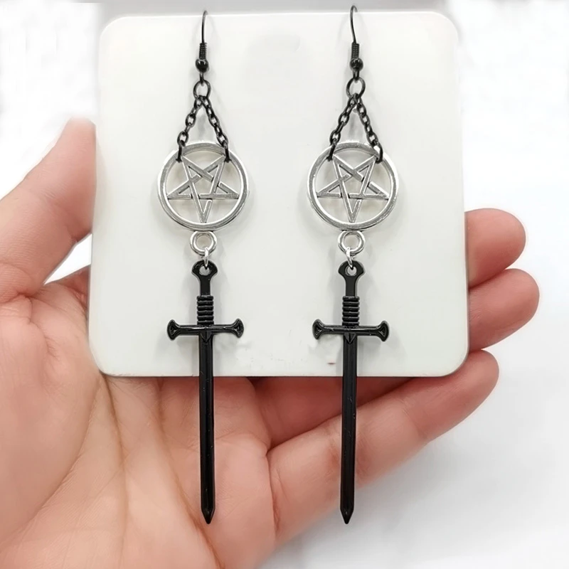 Witch's Rites Earrings pentagram pendant darkly The sacred Black sword Gothic jewelry Fashion-forward Black chain women gift